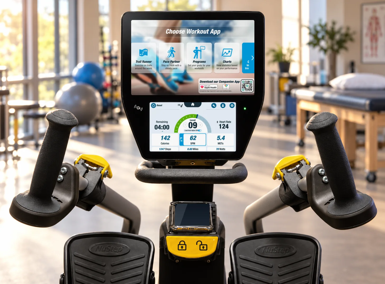 The NuStep T6 Pro console seen from the seat in a clinic