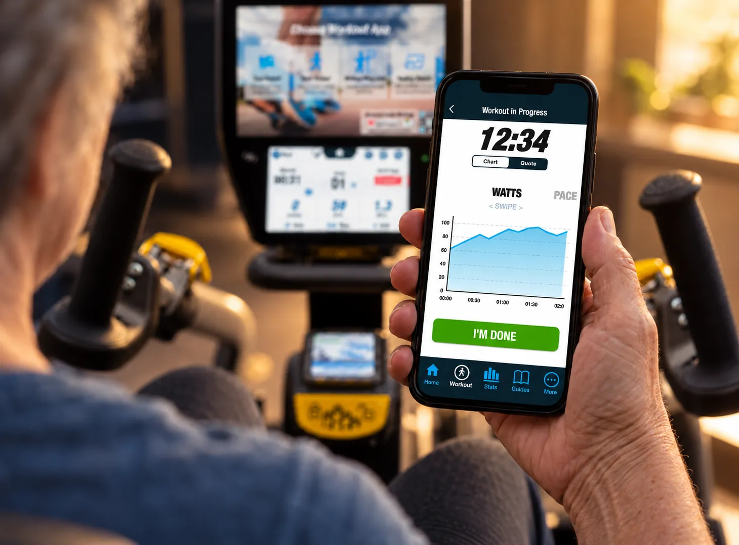 The companion app in hand, seated on a NuStep T6