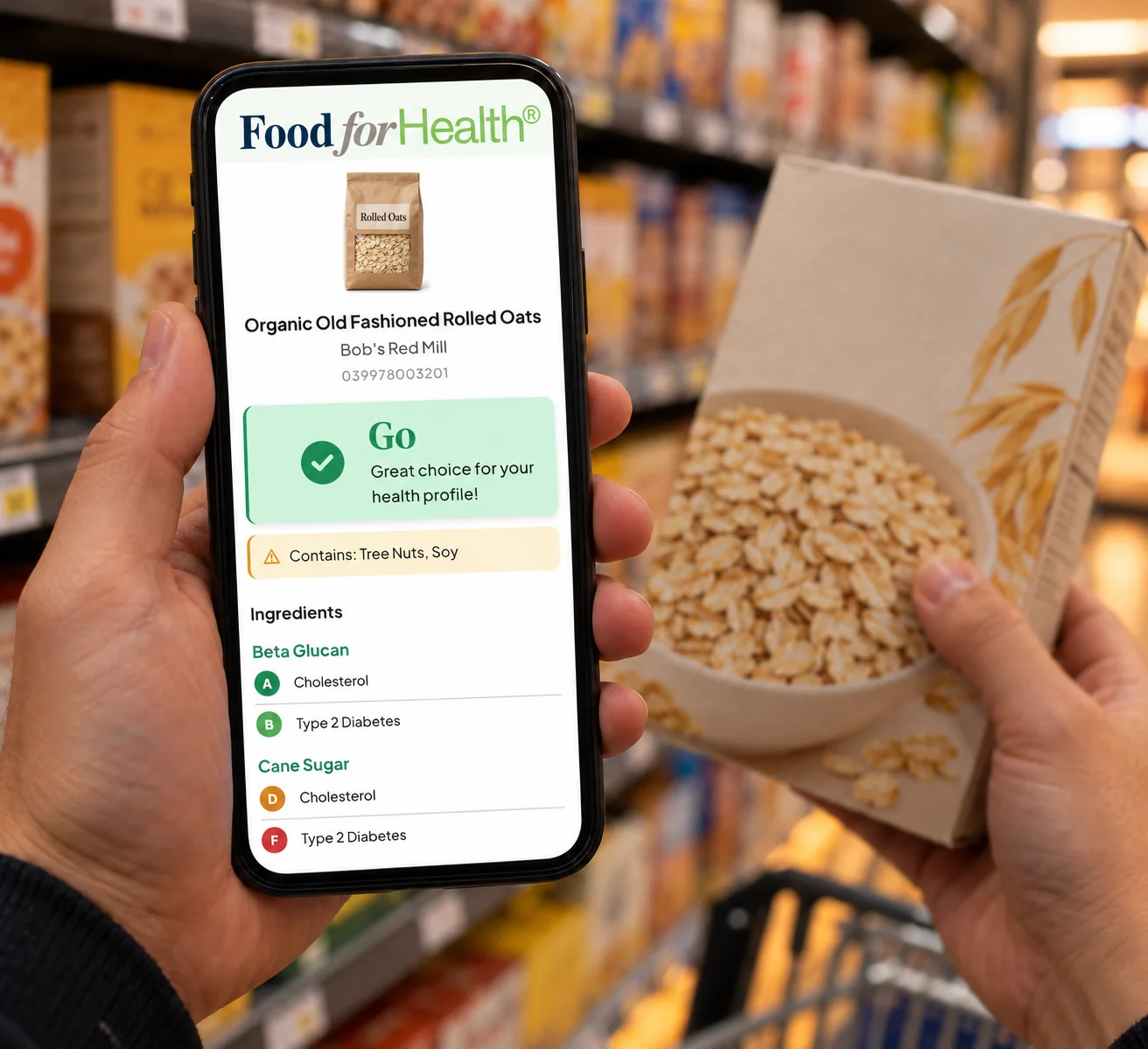 The rewritten result screen in a grocery aisle